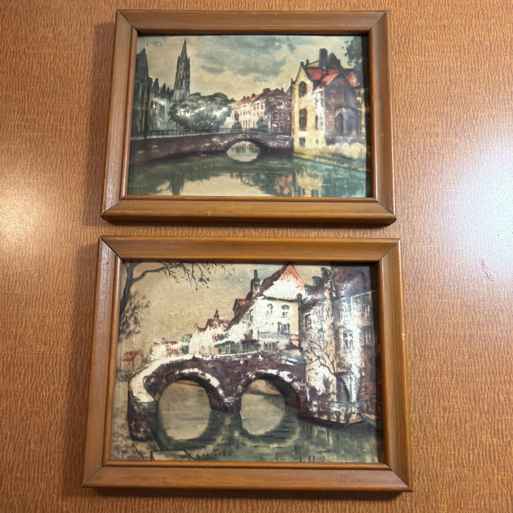Vtg Set Of 2 European Bridge Raised Lithograpghs 5x7" Muted Colors Some Damage